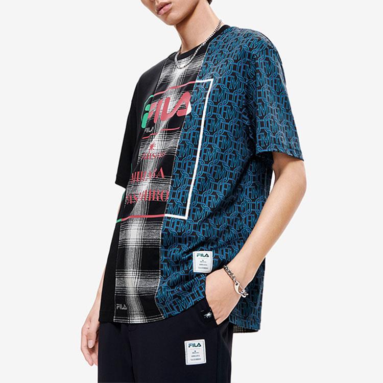 Fila Mihara Yasuhiro Collaboration Loose Fit Logo Print Plaid Crew Neck T-Shirt Men Tops Black F11M223104F-BK