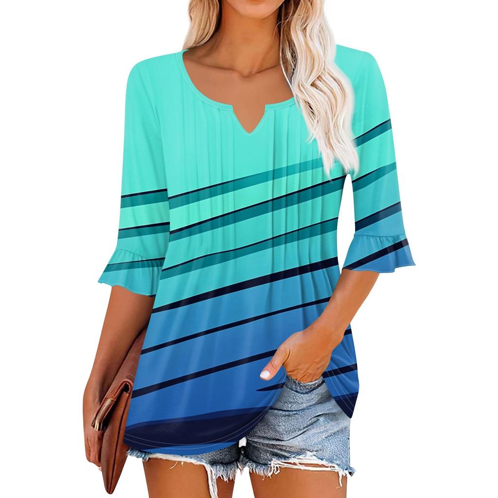 3/4 Sleeve Tops For Women Casual Ruffle V Neck T Shirts Work Blouses Dressy Tunic Tops