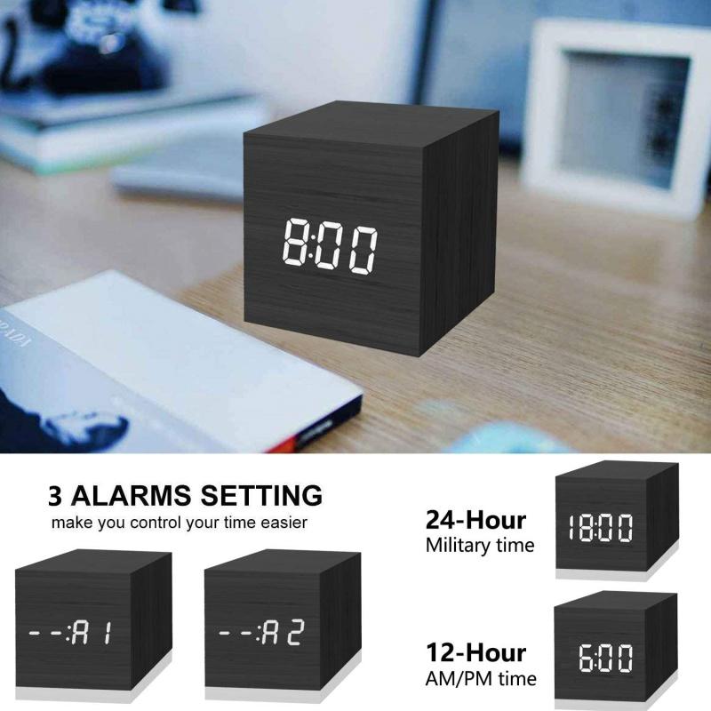Voice Control  Wooden Digital Alarm Clock TEMP Date 3 Alarms Desktop Electronic Table Clock 12/24H USB Powered LED Bedside Clock