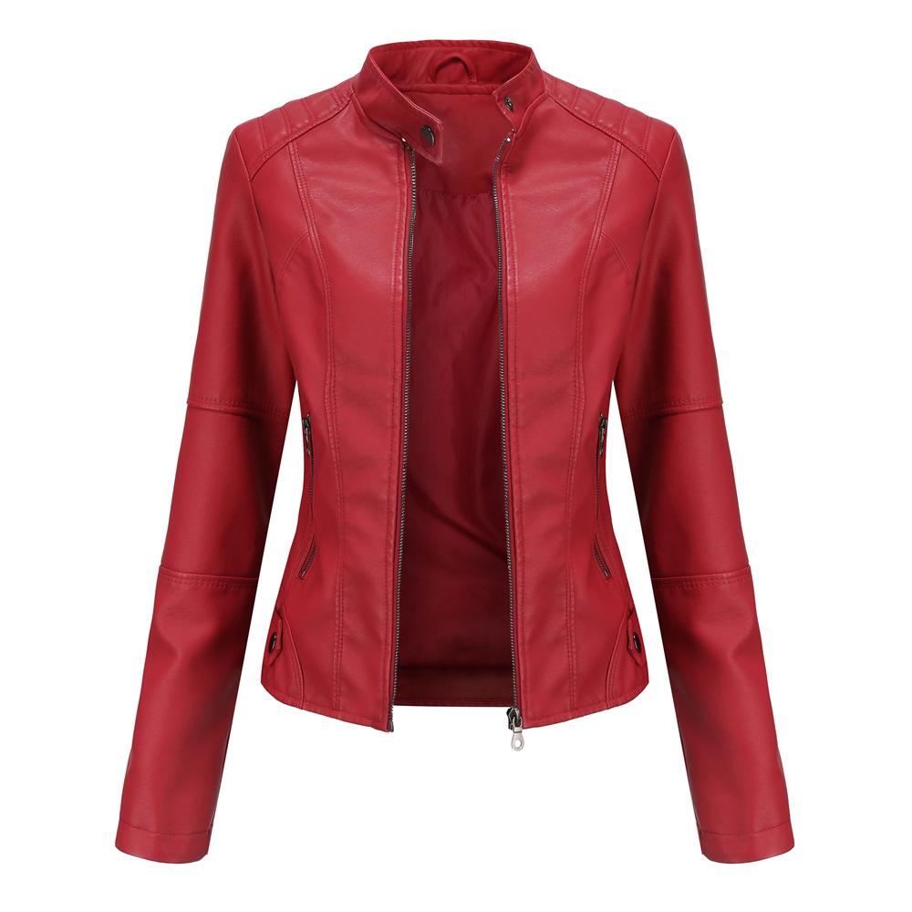 Women's Slim Fit Spring Autumn Solid Color Long Sleeve Stand Collar Leather Jackets S-4XL