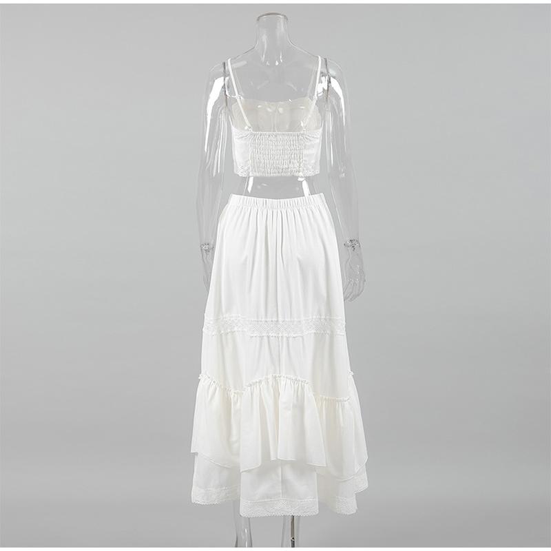 Summer Lace White Cotton and Linen Women's Suit Holiday Beach Suspender Square Neck Short Top + Mid Skirt Two-piece Set
