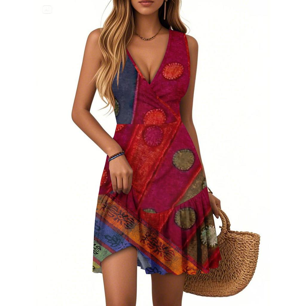 Women's Summer Dress V Neck Sleeveless Casual Textured Print Hem Pleated Dress