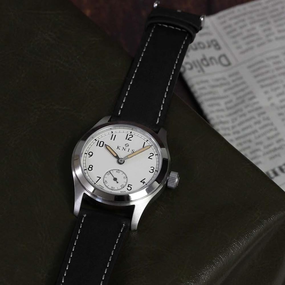 Часы KNIS Varnish Made in Japan с ретро-ремешком, сапфировым стеклом, водонепроницаемостью 10 АТМ, кремово-белым циферблатом, черной кожей, мужские KN003-WHBKLE