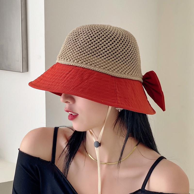 1 Piece Bow Hollow Stitching Panama Hats Fisherman Uv Protection Sun Hat Summer Women'S Bucket Foldable Basin Sunscreen Cap