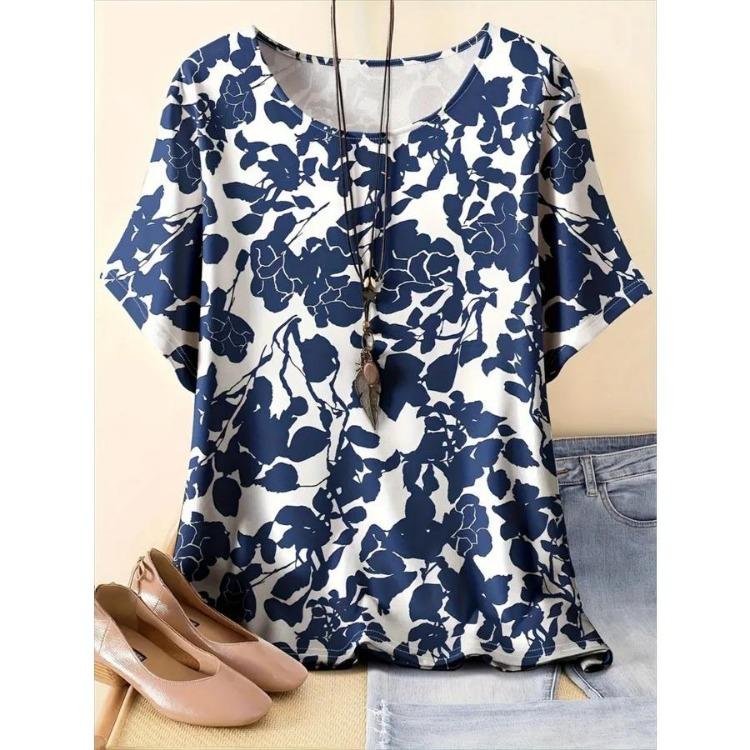 Plus Size Women Casual Comfortable Top Relaxed Fit Short Sleeve Floral Print Vibrant Pattern T-Shirt Spring Summer Outings