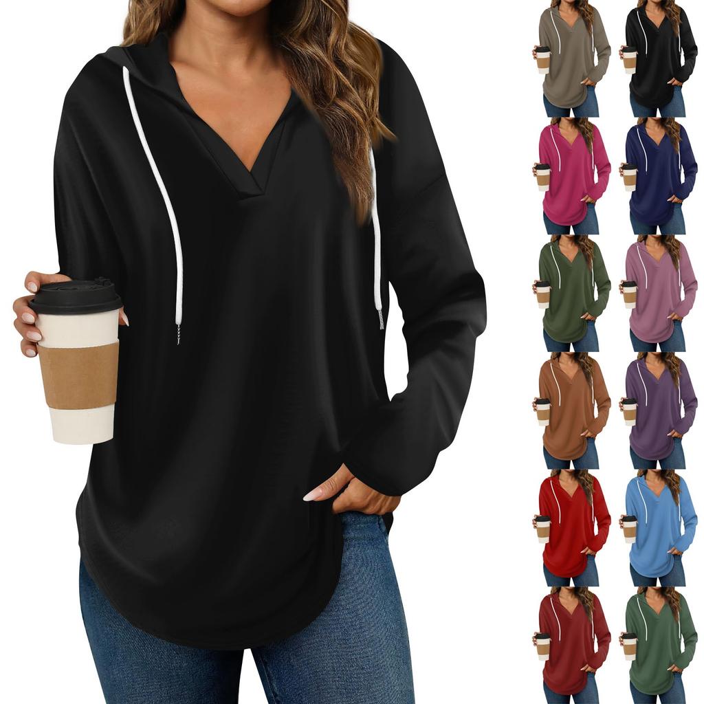 Women's Fashion Hoodies V Neck Long Sleeve Solid Drawstring Casual Loose Pullover Tops