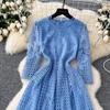 Autumn Vintage Flower Embroidery Lace Hollow Out Dress Women Clothing Elegant Solid Female Wedding Long Midi Party Dresses