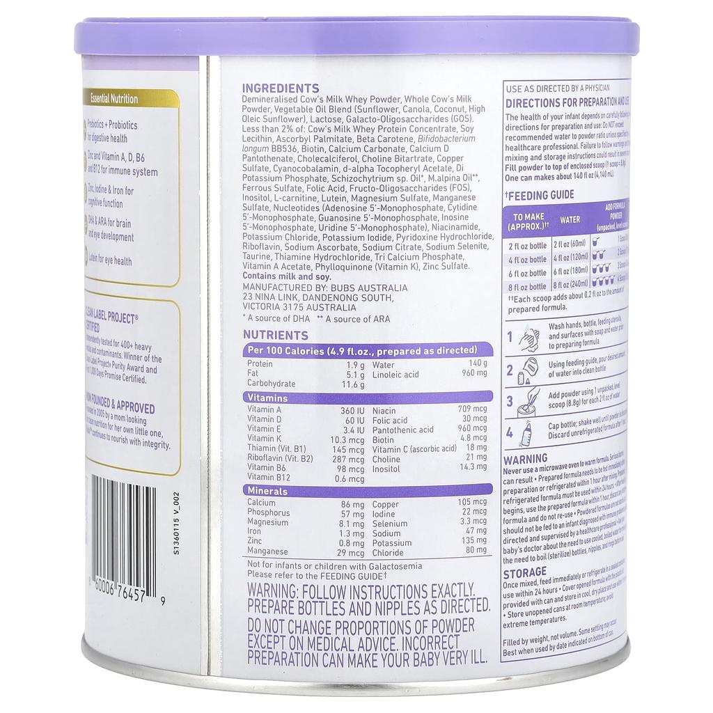 Aussie Bubs Essentials, Infant Formula, with Iron Cow's Milk Powder, 0 - 12 Months, 20 Oz (567 G)