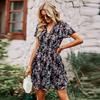 Floral Dress Women Spring Autumn V Neck Short Sleeve Loose Chic Printed