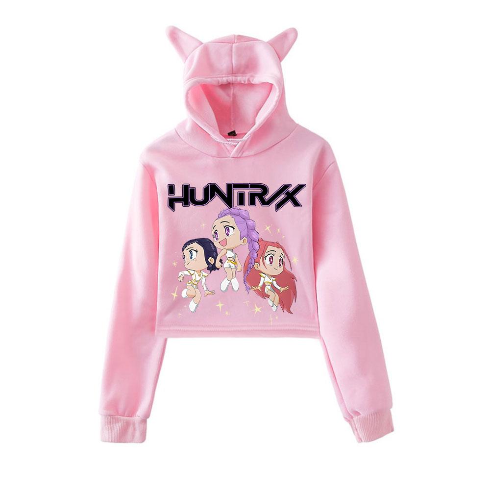 KPop Demon Hunters Cartoon Printed Cat Ear Hoodie Women Long Sleeve Cropped Sweatshirts Female Casual Streetwear Crop Tops