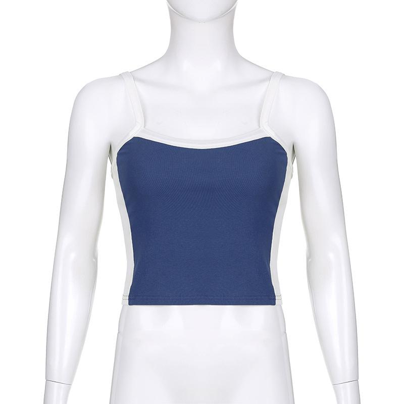 American Retro Spicy Girl Color Block Knit Off-Shoulder Cropped Tank