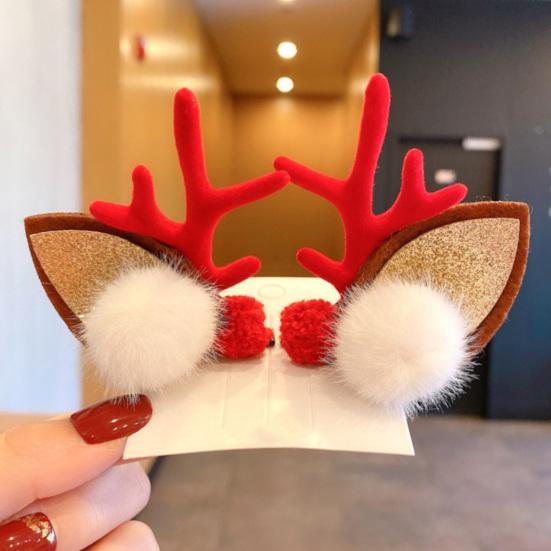1 Pair Reindeer Antler Hair Clips for Christmas Fluffy Ear Headband with Pom Poms Festive Girls Hair Accessories Gift for Women Kids