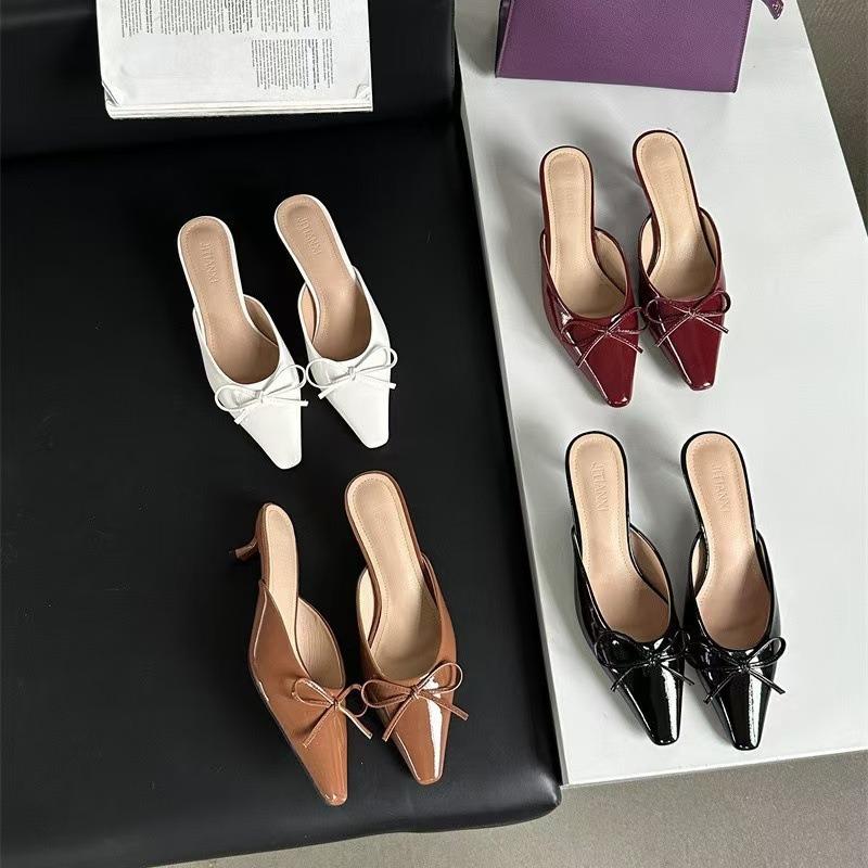 Summer New Bow Medium Stiletto Shoes Bag Head Half Slippers Women's Large Size High Heel Single Shoes Cool Slippers