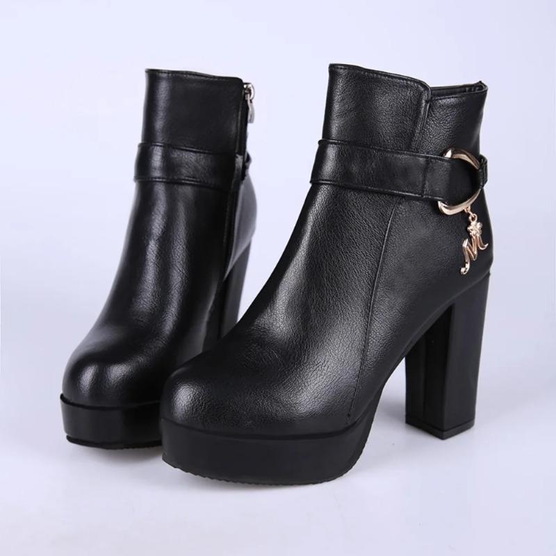 Fashion Fashion Ankle Boots Solid Color Round Head Side Zipper Design Autumn Winter Women's Fashion High Heeled Ankle Boot Size 32-43