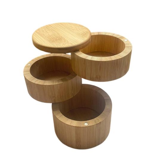 Bamboo Seasoning Storage Box with Magnetic Swivel Lid Wooden Salt Cellar Pepper Sugar Spice Holder Round Container Bowl Kitchen Gadgets