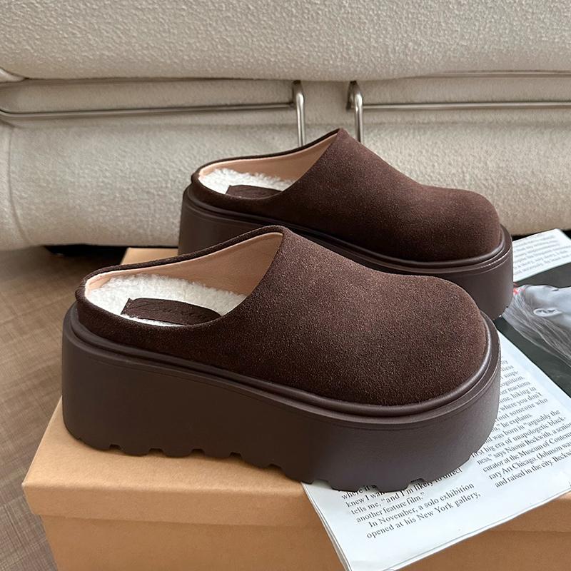 Fashion 2024 Autumn and Winter Retro New Fashion Women's Warm Plus Velvet Solid Color Thick-soled Toe-cap Cotton Slippers