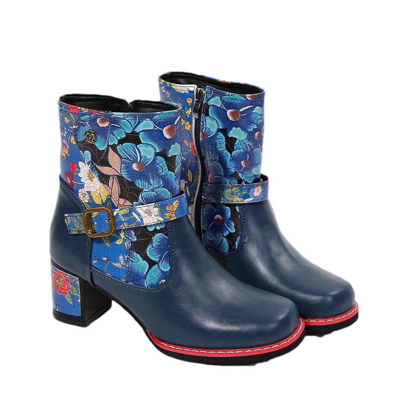 Print Random Chunky Women Ankle Boots Fashion Leather Mid Heels Shoes 2025 Trend Designer Buckle Pumps Gladiator Botas De Mujer