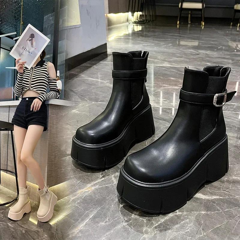 High Platform Ankle Boots Women Chunky Heel Chelsea Boots PU Leather Back Zip Belt Buckle Design Black Short Boots Botas Mujer