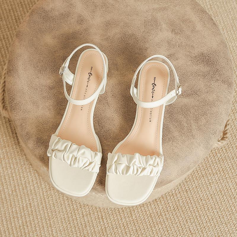 Leather Flat for Huizhou Women's Shoes Heels French One-word Sandals Thick Heel Summer New Open-toed Sandals