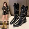 High Quality Women's Boots Autumn 2025 Fashion Pointed Mid-calf Chelsea Boot Pleated Leather Women Knee Boots Banquet Party