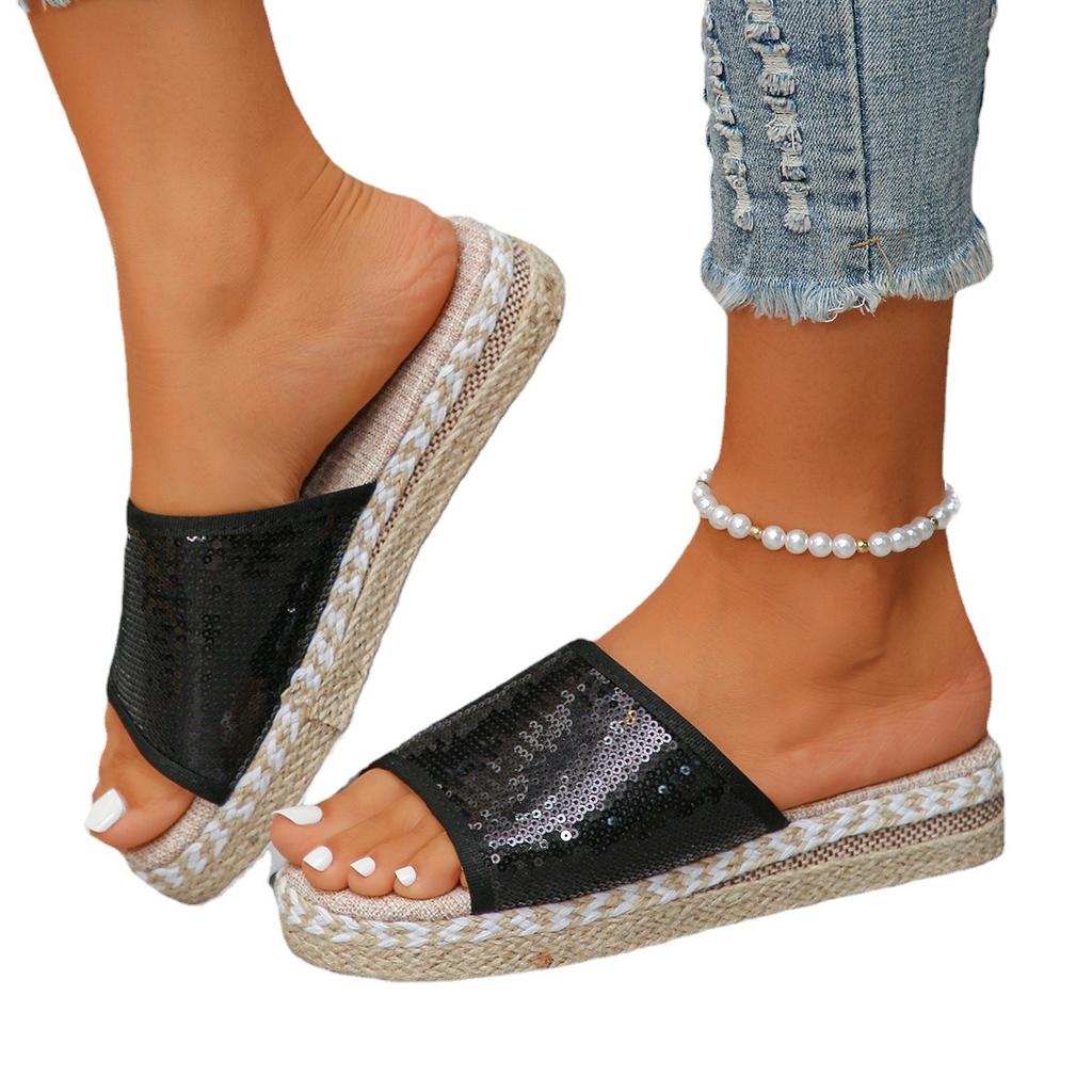 2025 Summer New Linen Thick Bottom Wedge Heel Sequins European and American Bohemian Fish Mouth One-word Drag Large Size 36-43
