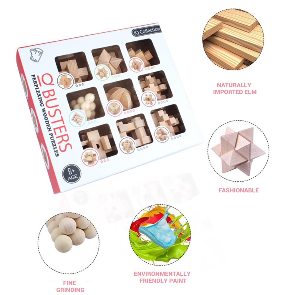 9Pcs Wooden Brain Teaser Puzzle IQ Test Toy Kong Ming Lock Puzzle Disentanglement Puzzles Toy