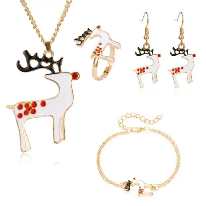 4pcs/set Christmas Necklace Earrings Bracelet Ring Four-piece Christmas Ornaments Xmas Gift Sjewerly Sets for Women