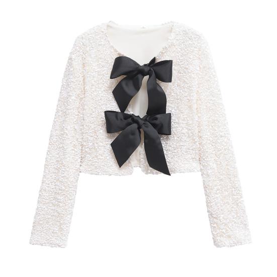 Women Sequin Jacket Big Bow Decor Loose Round Neck Long Sleeves Solid