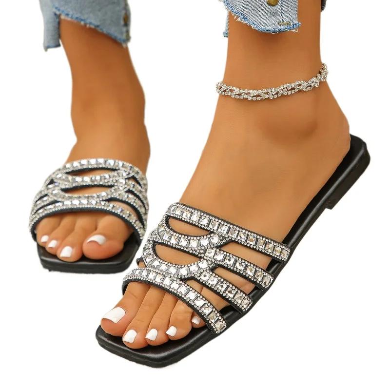 Shoes Female 2025 Open Toe Women's Slippers Plus Size Outdoor Casual Sandals Women Crystal Square Toe Flat with Women's Sandals