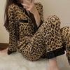 Women's Spring Autumn Pajamas Two Piece Set Women Loose Fashion Leopard Print Long Sleeved Ladies Homewear
