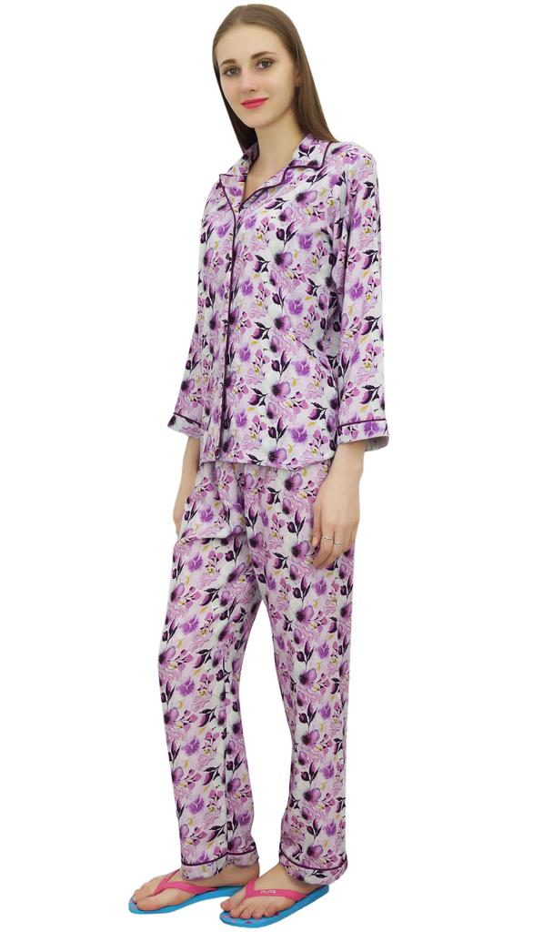 Bimba Purple Button-Down Shirt With Elastic Waist Pajama Pant Night Wear