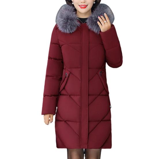 Winter Women Cotton Jacket with Furry Hood Neck Protection Plus Size Pockets Mid Length Zipper Closure Padded Coat Solid Color Windproof Outwear Parka