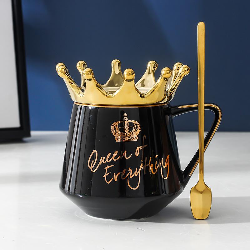 Creative Crown Ceramic Cup with Lid Coffee Cup Nordic Gold Pattern Couple Mug Big Belly Cup Souvenir