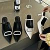 Fashion Luxury Rhinestone Buckle Mules Sandals Women Pointed Elegant High Heel Slingback Shoes Fashion Designer Slippers Female Pumps