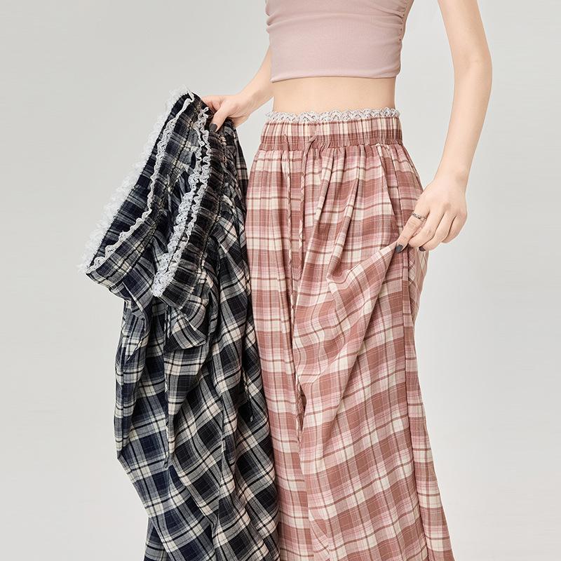 Lace Lace Plaid Wide-leg Pants for Women In Spring and Summer High Waist Lazy Loose Straight-leg Casual Floor Pants