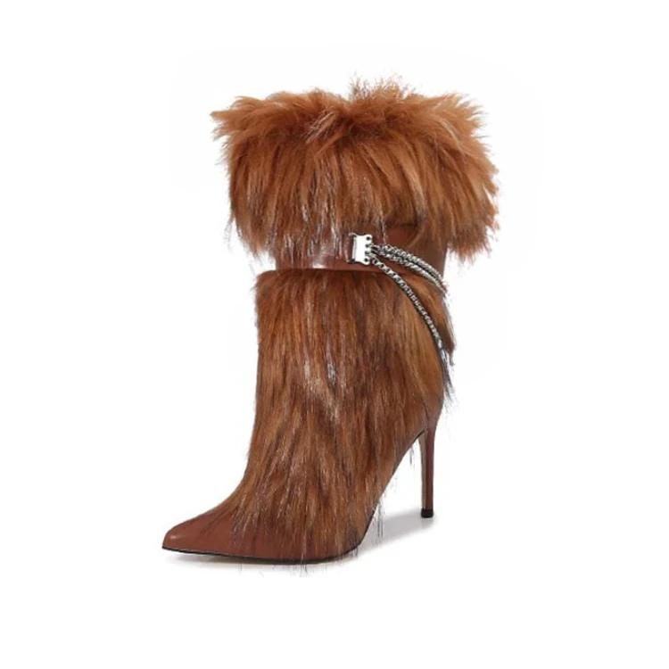 Fashion New High-heeled Pointed Niche Design Chain Hairy Boots European American Fashion Black Red Spicy Girl Sexy Women's Boots Size 43