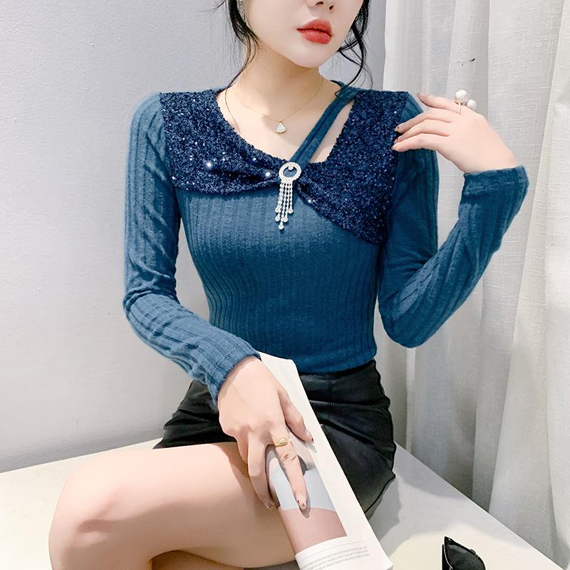 Stylish Diagonal Collar Hollow T-shirt Women's Long-sleeved Winter Bottoming Shirt Versatile and Thin Top