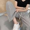 Women's Korean Pinstripe Wide-Leg Pants - Summer Casual, Loose Fit, Elastic Waist & Drawstring, Textured Straight-Leg.