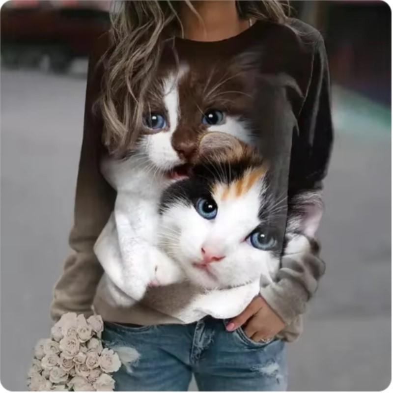 Kawaii Cat Women's Pullovers 3D Print Casual Long Sleeve Tees Oversized Harajuku Thin Hoodies Clothing Daily Tops