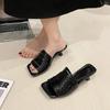 Spring Summer Chunky High Heels Women's Slippers Shiny Rhinestone Square Toe Sandalias Ladies Outdoor Vacation Beach Shoes