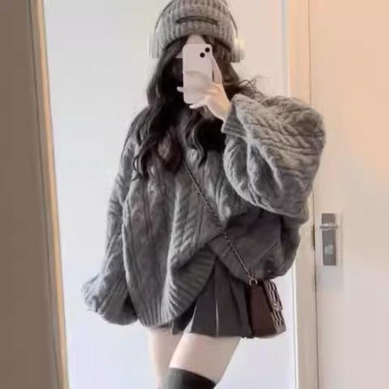 Puff Sleeve V-neck Sweater Women's Autumn and Winter Thickened Loose Soft Waxy Twist Knitwear Top