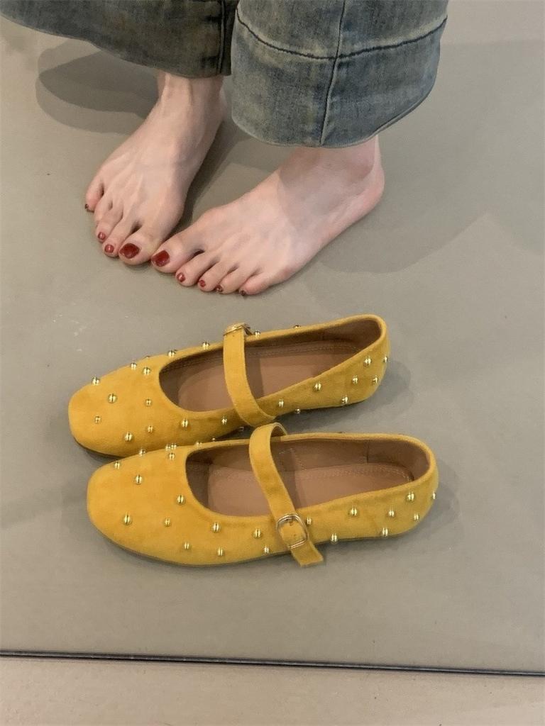 Gentle Fairy Mary Jane Shoes 2025 New Sweet Suede Rivets Square Head Shallow Mouth One-word Buckle Evening Shoes