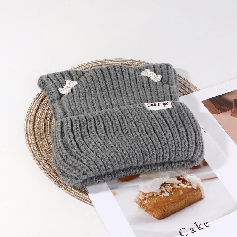 Korean Bow Hat Women's Cute Cat Ear Knitted Hat Outdoor Warm Versatile Wool Hat Student Pullover Cold Hat