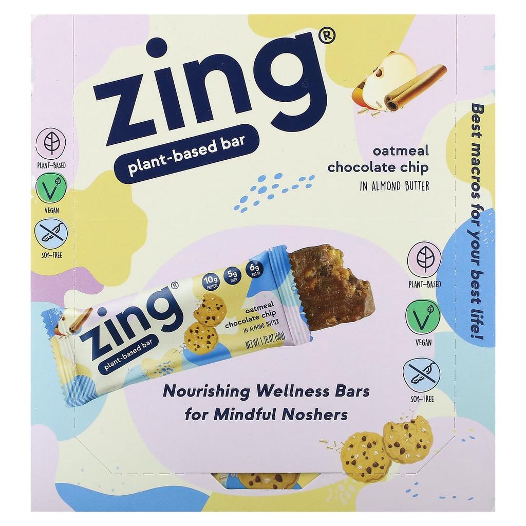 Zing Bars Plant-Based Bars, with Oatmeal Chocolate Chip Almond Butter, 12 Bars, 1.76 Oz (50 G) Each
