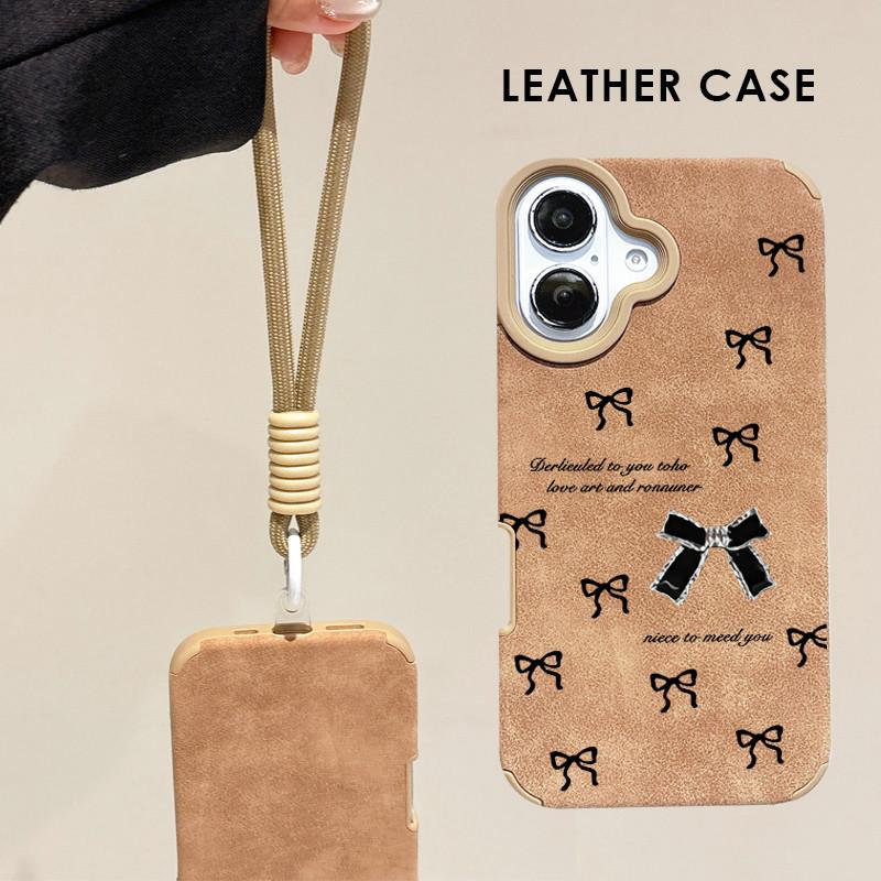 Black Bowknot Patterned Printed Leather Case + Lanyard Wrist Strap Protective Shell Soft Silicone Case for iPhone