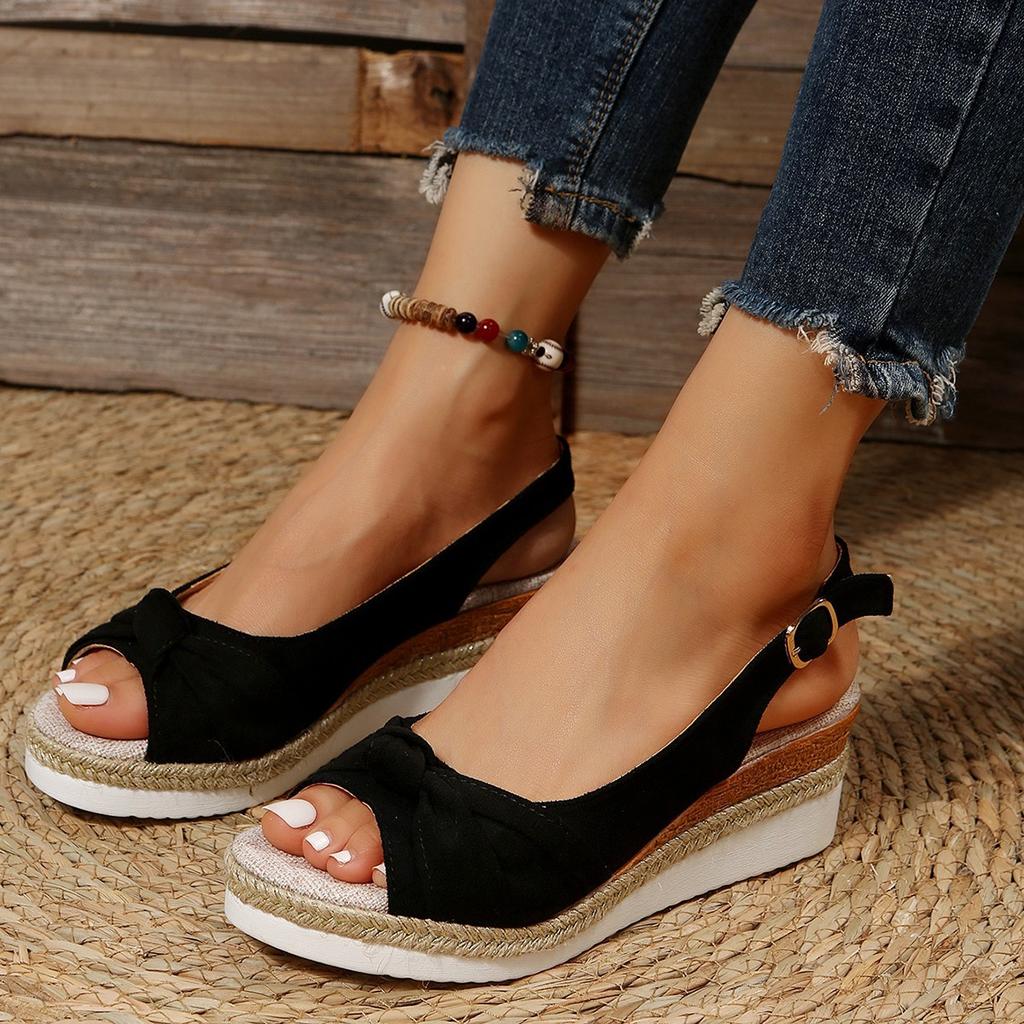 Foreign Trade New Suede Hemp Rope Bow Wedge Sandals Women's Shoes Casual Wedge Heel Platform Sandals Women's Shoes