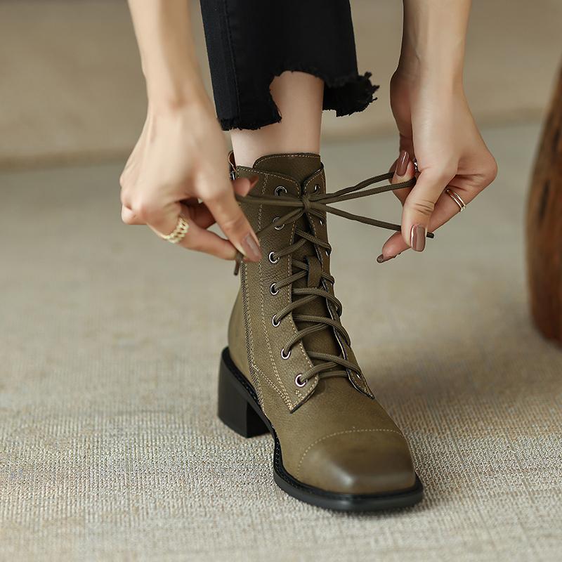 Fashion 2025 New Cross-Tied Women Short Boots Autumn Winter Genuine Leather Office Lady Square Toe Side Zipper Shoes Woman Ankle Boots