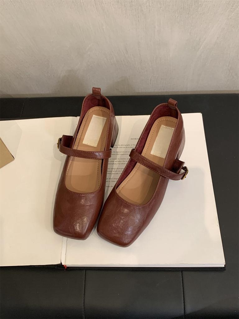 French Retro Square Head Light Mouth Single Shoes Women's Middle Heel Spring and Autumn Evening Temperament Fairy Thick Heel Mary Jane Small Leather S