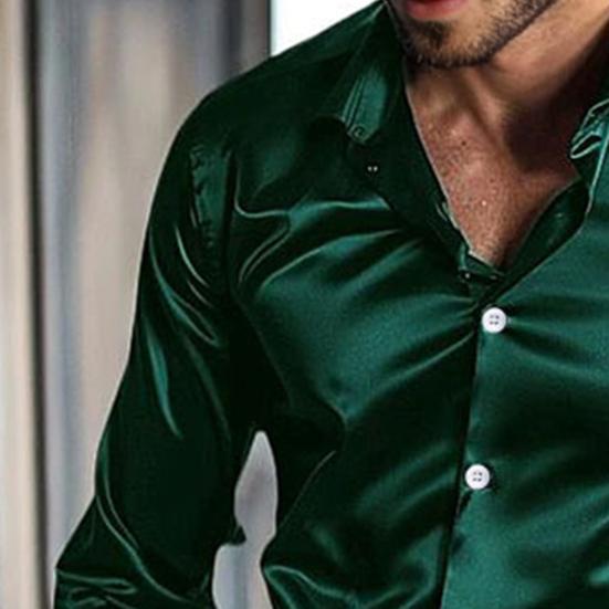 Men's Satin Glossy Shirt Solid Color Long Sleeve Smooth Dress Shirt Lapel