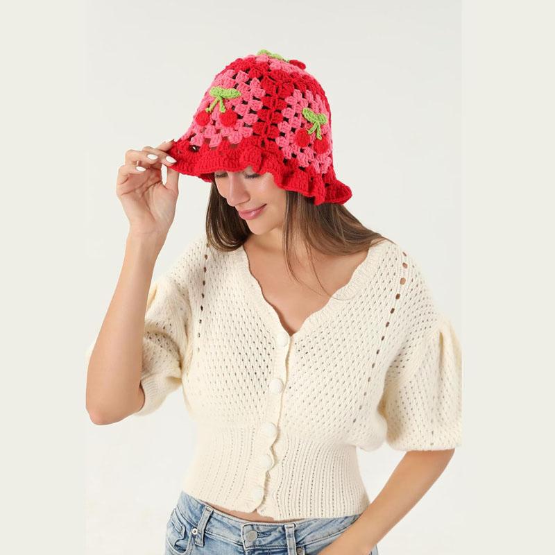 2024 Flower Crochet Bucket Hat Women Summer Handmade Knit Beanies INS Y2k Korean Fashion Panama Cap